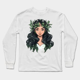 Cartoon Style Portrait - Young Woman with long flowery hair Long Sleeve T-Shirt